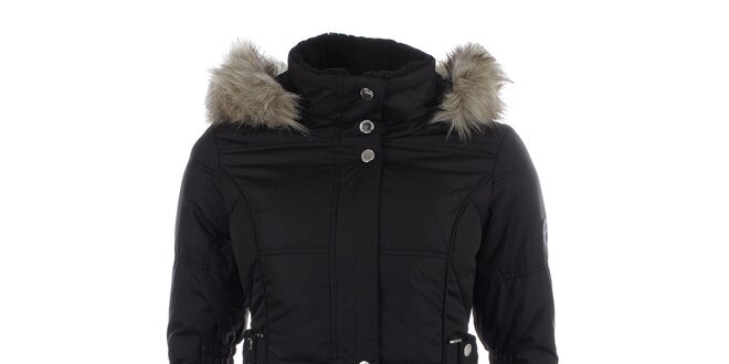 Dámsky čierny kabát s vreckami a kapucňou s kožúškom Halifax