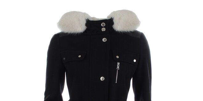 Dámsky čierny kabát s kapucňou a bielym kožúškom Halifax
