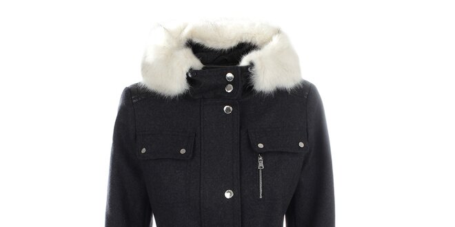 Dámsky tmavo šedý kabát s kapucňou a bielym kožúškom Halifax