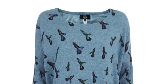 Dámsky modrý svetrík s farebnými kolibríkmi Iska