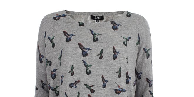 Dámsky šedý svetrík s farebnými kolibríkmi Iska