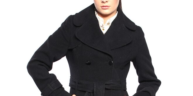 Dámsky čierny dvojradový kabát s opaskom Vera Ravenna