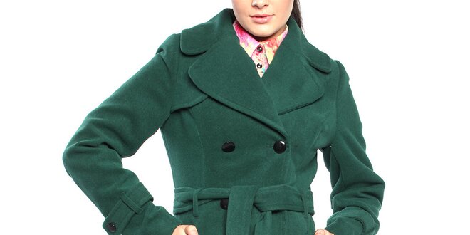 Dámsky tmavo zelený dvojradový kabát s opaskom Vera Ravenna