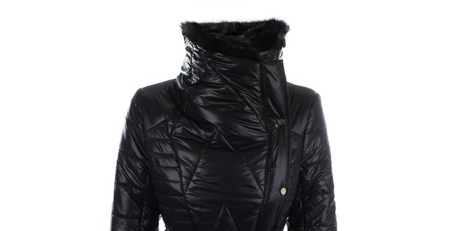 Dámsky čierny kabát s kožúškovým límcom N & P