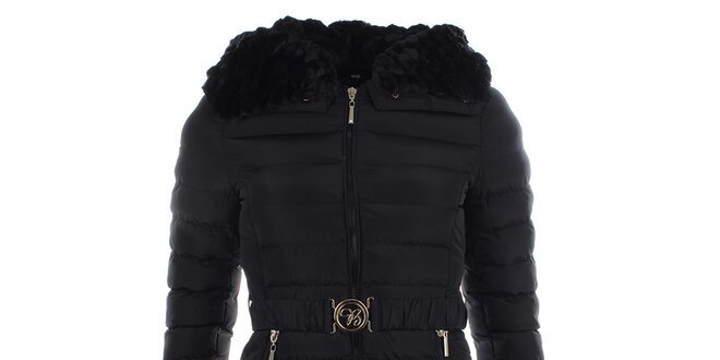 Dámsky čierny kabát s kapucňou a kožúškom B.style