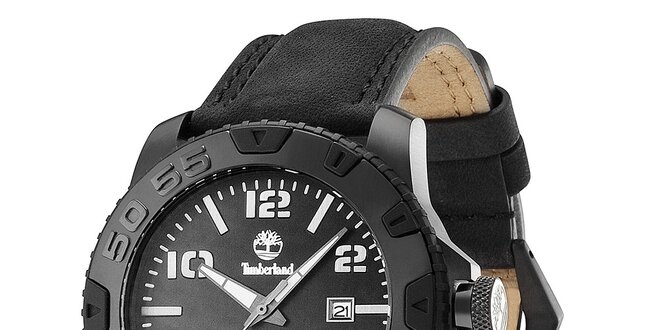 Pánske čierne oceľové hodinky s hrubým koženým remienkom Timberland