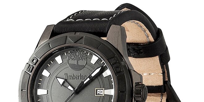 Pánske čierne oceľové hodinky s koženým prešívaným remienkom Timberland