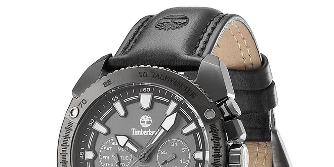 Pánske čierne oceľové hodinky s koženým remienkom Timberland