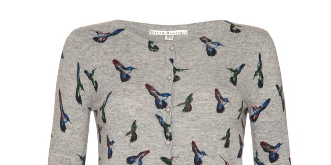 Dámsky šedý svetrík s farebnými kolibríkmi a gombíkmi Uttam Boutique