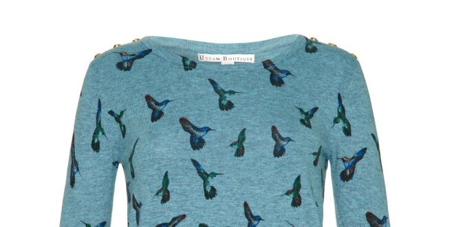 Dámsky modrý svetrík s kolibríkmi Uttam Boutique