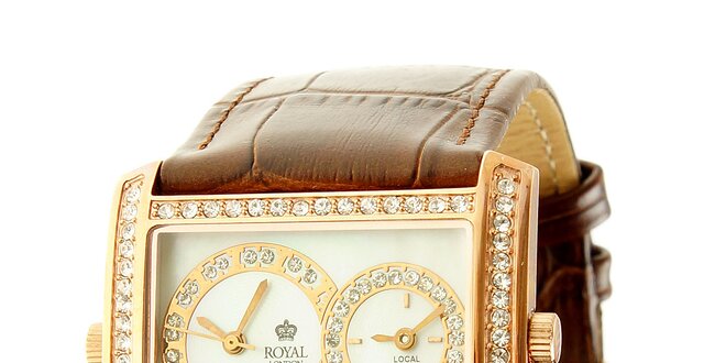 Dámske zlaté oceľové hodinky Royal London s kamienkami