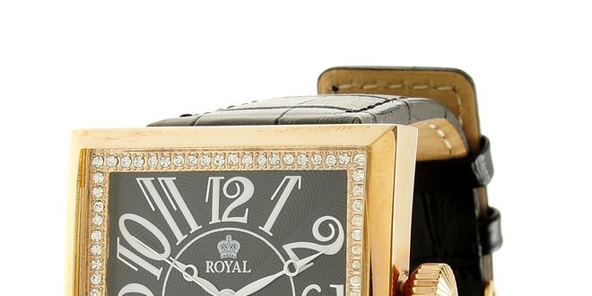 Zlaté oceľové hodinky Royal London s čiernym koženým remienkom