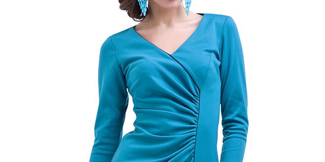 Dámske modré nariasené šaty s dlhým rukávom Vera Fashion