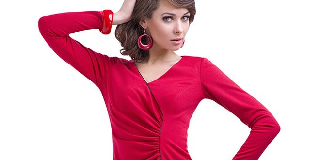 Dámske červené nariasené šaty s dlhým rukávom Vera Fashion