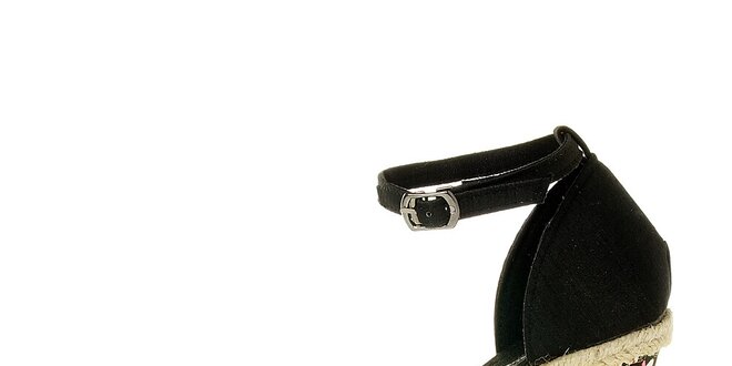Dámske čierne pásikové topánky Luna Llena s jutovým podpätkom a farebnou potlačou s flitrami