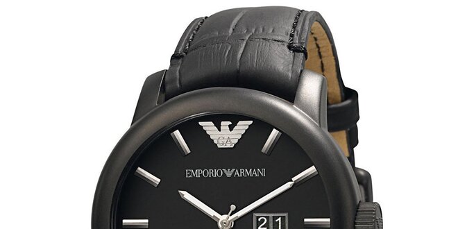 Pánske čierne hodinky s koženým remienkom Emporio Armani