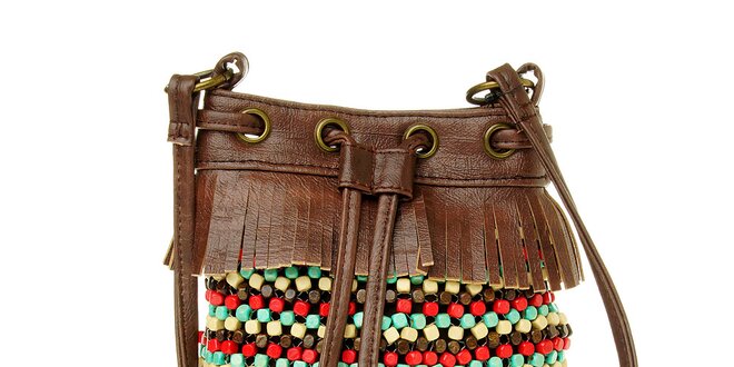 Dámska hnedá indiánská kabelka Luna Llena s farebnými korálkami