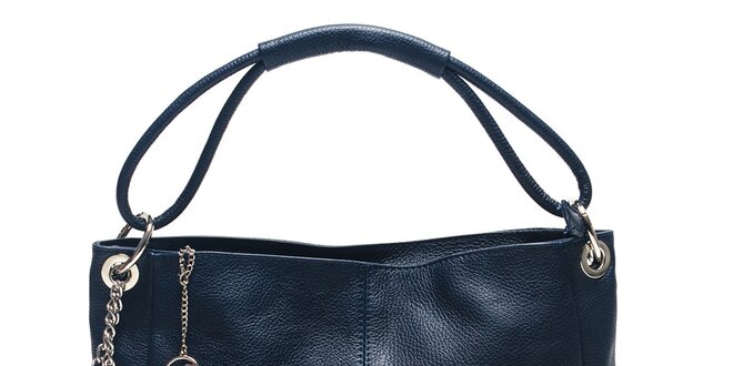 Dámska modrá kožená kabelka s ozdobnými strapcami Carla Ferreri