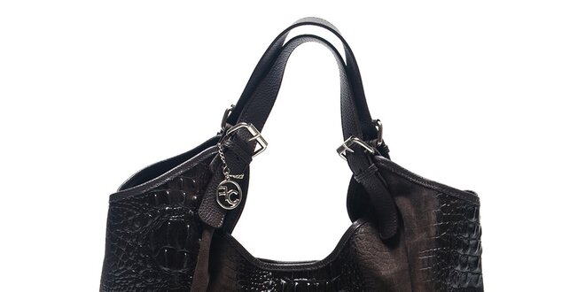 Dámska tmavo hnedá kožená taška s krokodílim vzorom Carla Ferreri