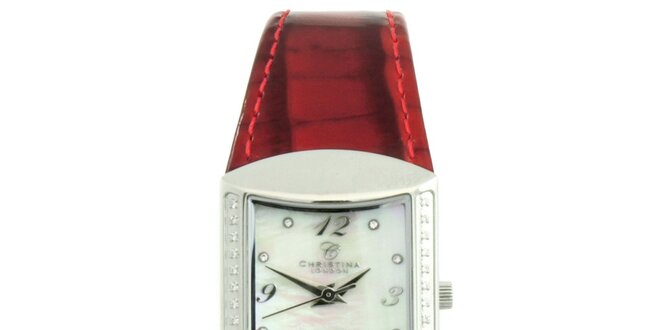 Dámske hranaté hodinky s diamantmi a červeným remienkom Christina London