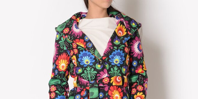 Dámsky kabát s farebným kvetinovým vzorom a kapucňou Santa Barbara