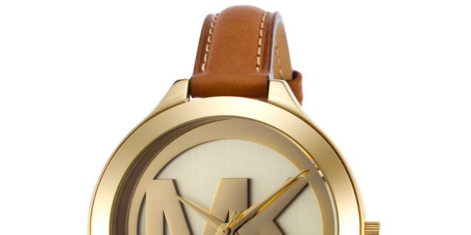 Dámske pozlátené hodinky s hnedým koženým remienkom Michael Kors