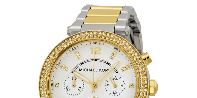 Dámske hodinky s bielymi kamienkami a zlatými prvkami Michael Kors