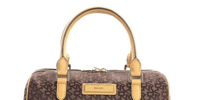Dámska hnedá kabelka s nápismi a kontrastnými pútkami DKNY