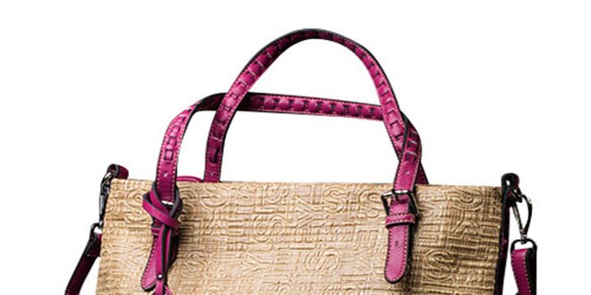 Dámska béžová kabelka s nápismi a fialovým odopínacím vreckom Sisley