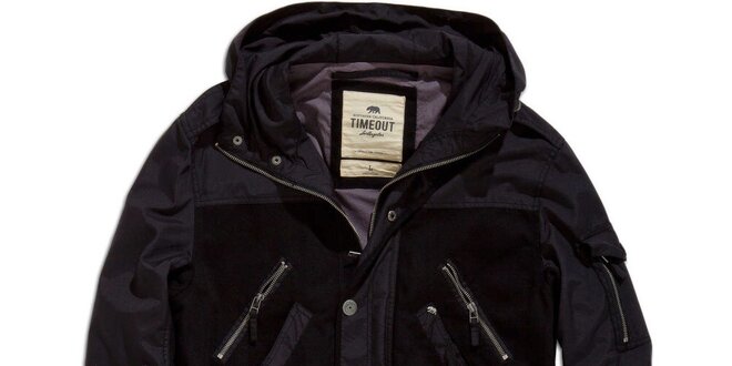 Pánsky čierny krátky kabát s kapucňou Timeout