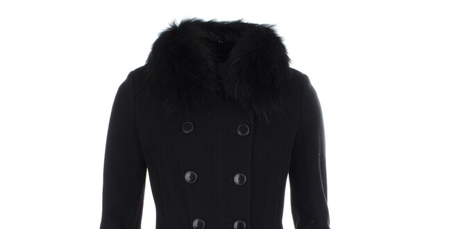 Dámsky čierny dvojradový kabát s kožúškovým golierom Phard