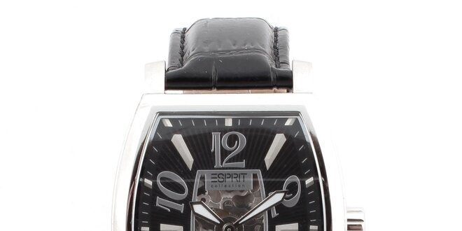 Pánske oceľové hodinky s čiernym koženým remienkom Esprit