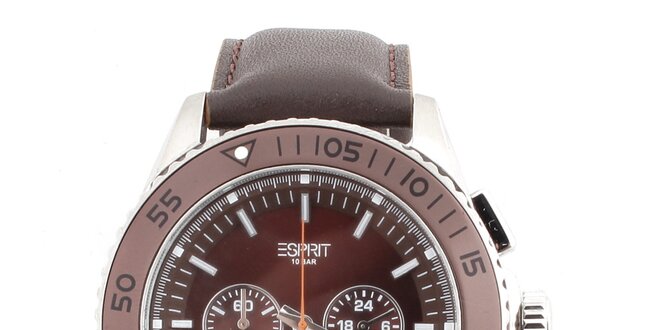 Pánske hnedé hodinky s okrúhlym tmavým ciferníkom Esprit