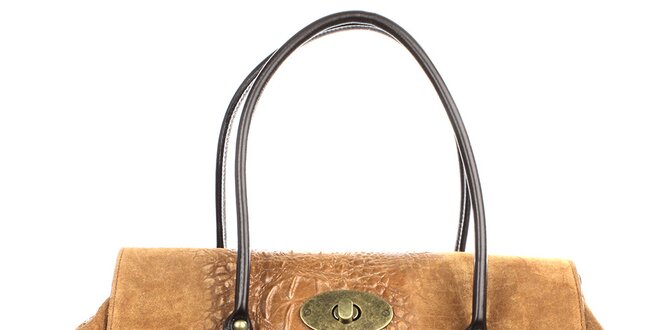 Dámska hnedá kabelka s kovovým zámkom Gorétt