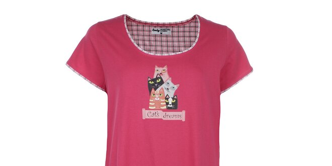 Dámska ružová nočná košeľa s mačkami a vreckom Body International