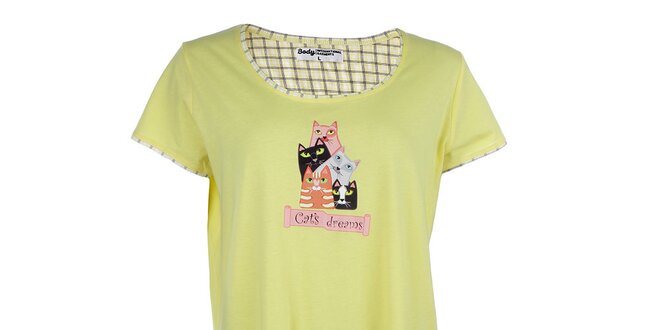 Dámska žltá nočná košeľa s mačkami a vreckom Body International