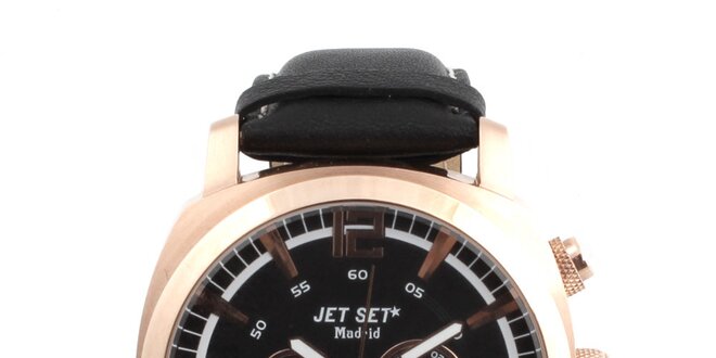 Pánske hodinky s čiernym koženým remienkom Jet Set