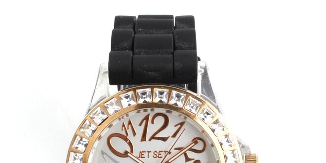 Dámske zlaté hodinky Jet Set s čiernym silikónovým remienkom a kamienkami