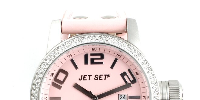 Dámske ružové hodinky Jet Set s koženým remienkom a kamienkami
