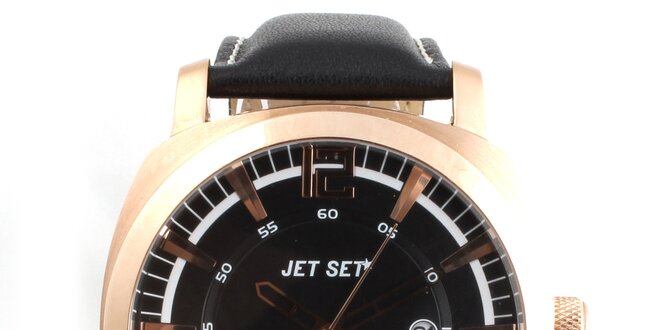 Pánske zlaté hodinky Jet Set s čiernym koženým remienkom