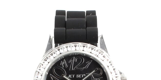 Dámske čierne hodinky s hranatými kamienkami Jet Set