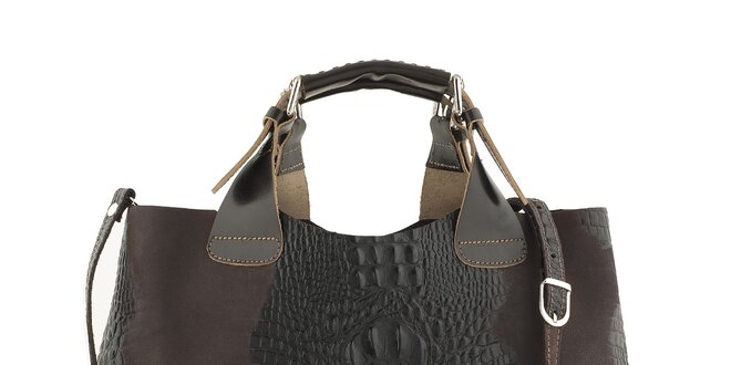 Dámska tmavo hnedá kožená kabelka s krokodílim vzorom Ore 10