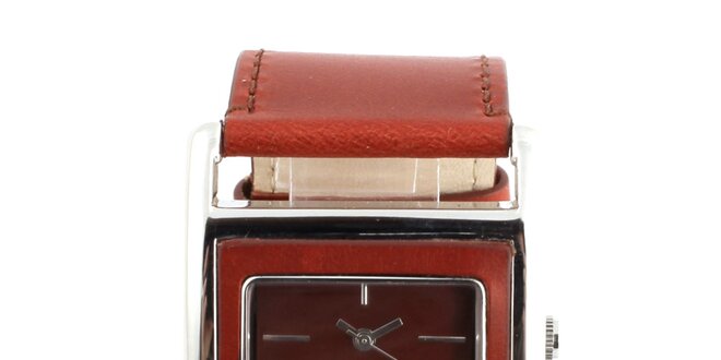 Dámske hranaté hodinky s tmavo červeným koženým remienkom Axcent