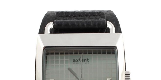 Hranaté hodinky s čiernym koženým remienkom Axcent