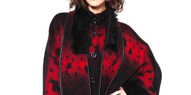 Dámsky čierny kabátik s červeným vzorom a chlpatým golierom Mademoiselle Agathe