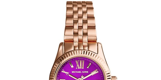 Dámske hodinky s fialovým ciferníkom a rímskymi číslami Michael Kors - ružovo zlatá farba