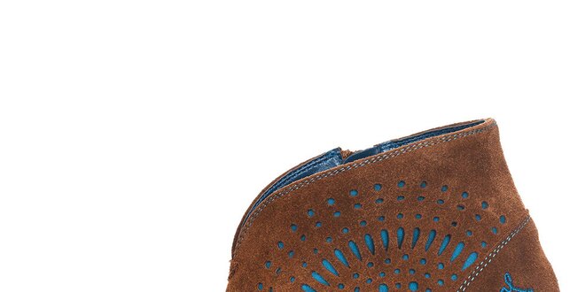 Dámske hnedé kožené topánky na opätku s tyrkysovými detailmi Desigual