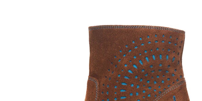 Dámske členkové hnedé kožené topánky na opätku s tyrkysovými detailmi Desigual