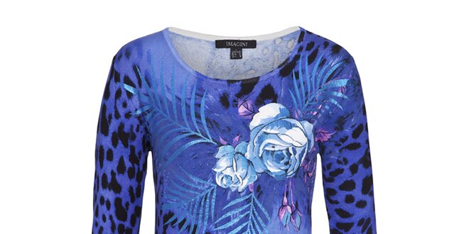 Dámsky modrý sveter s leopardím vzorom a kvetmi Imagini