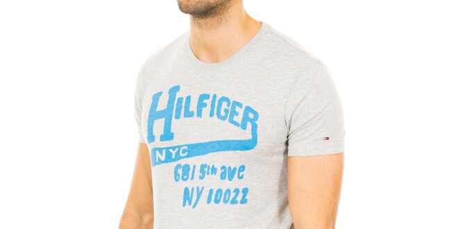 Pánske šedé tričko s modrým nápisom Tommy Hilfiger